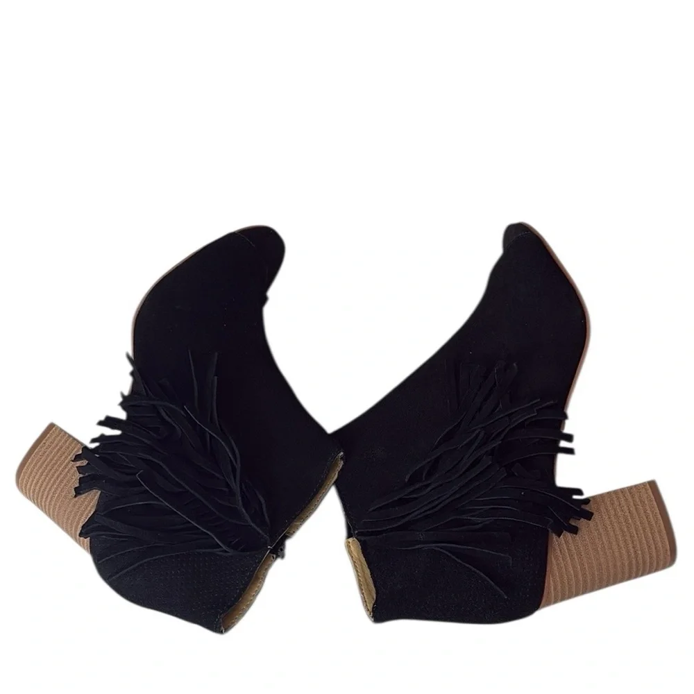 Kensie Erika Fringe Peep toe ankle boots, black leather,  side zip, 9.5